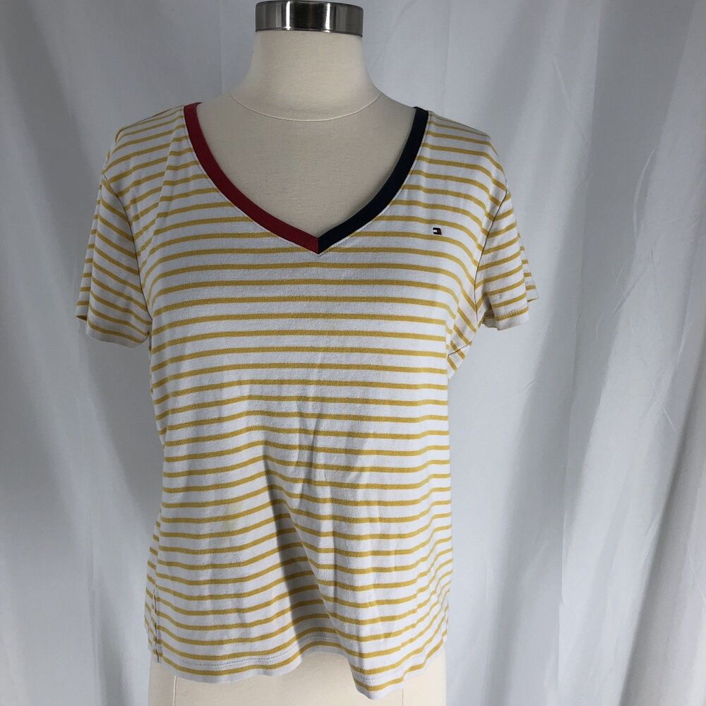 Tommy Hilfiger Yellow Stripe Casual Size Large V Neck